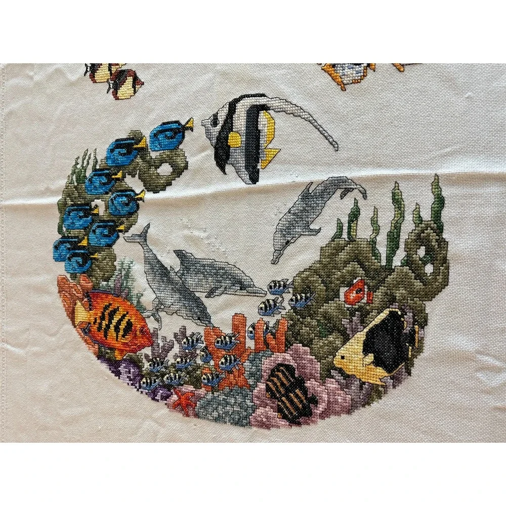 Vintage Embroidered Fish & Ocean‎ Scene Fringe Tablecloth 56'' x 62